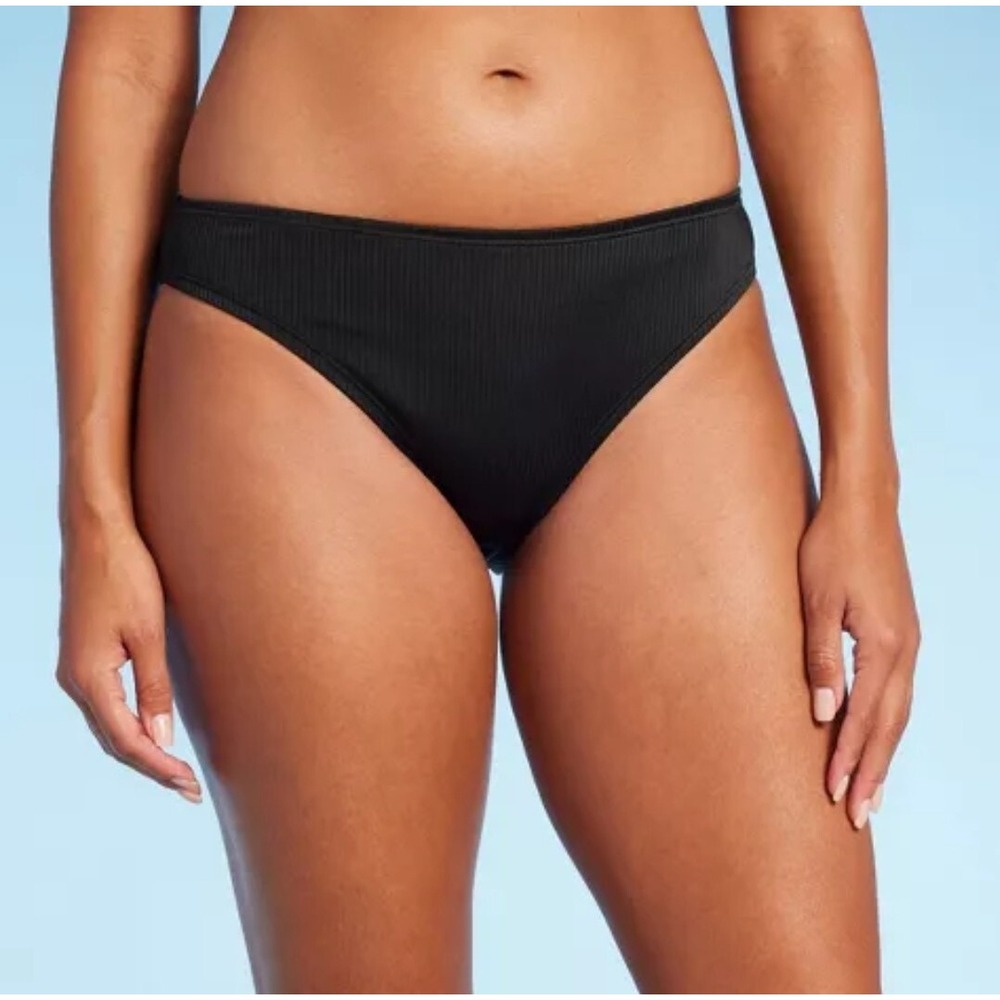 Shade & Shore Womens Black Ribbed Low Rise Medium Coverage Bikini Bottom Small